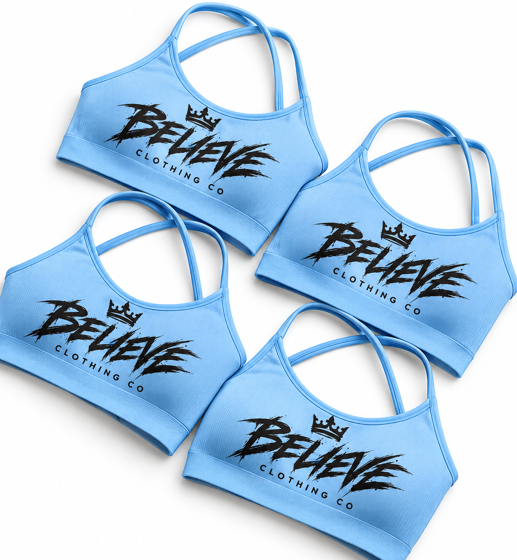 BELIEVE – SKY REIGN SPORTS BRA 💙👑